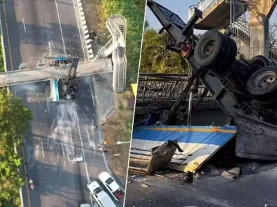 突发！泰国牵引车撞倒天桥，幸无人伤亡！