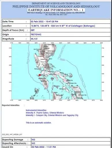 菲律宾八打雁省发生4.5级中强震