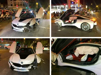 金边：女网红开宝马i8闯红灯出事故，车损严重，还好人没事