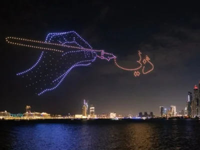 “天花板书法”！500架无人机在天空中写下阿拉伯语迪拜