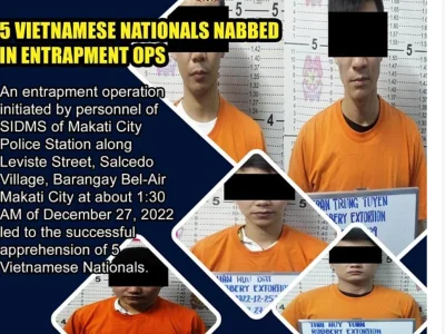 五名越南人涉抢劫勒索同胞35万菲币被捕